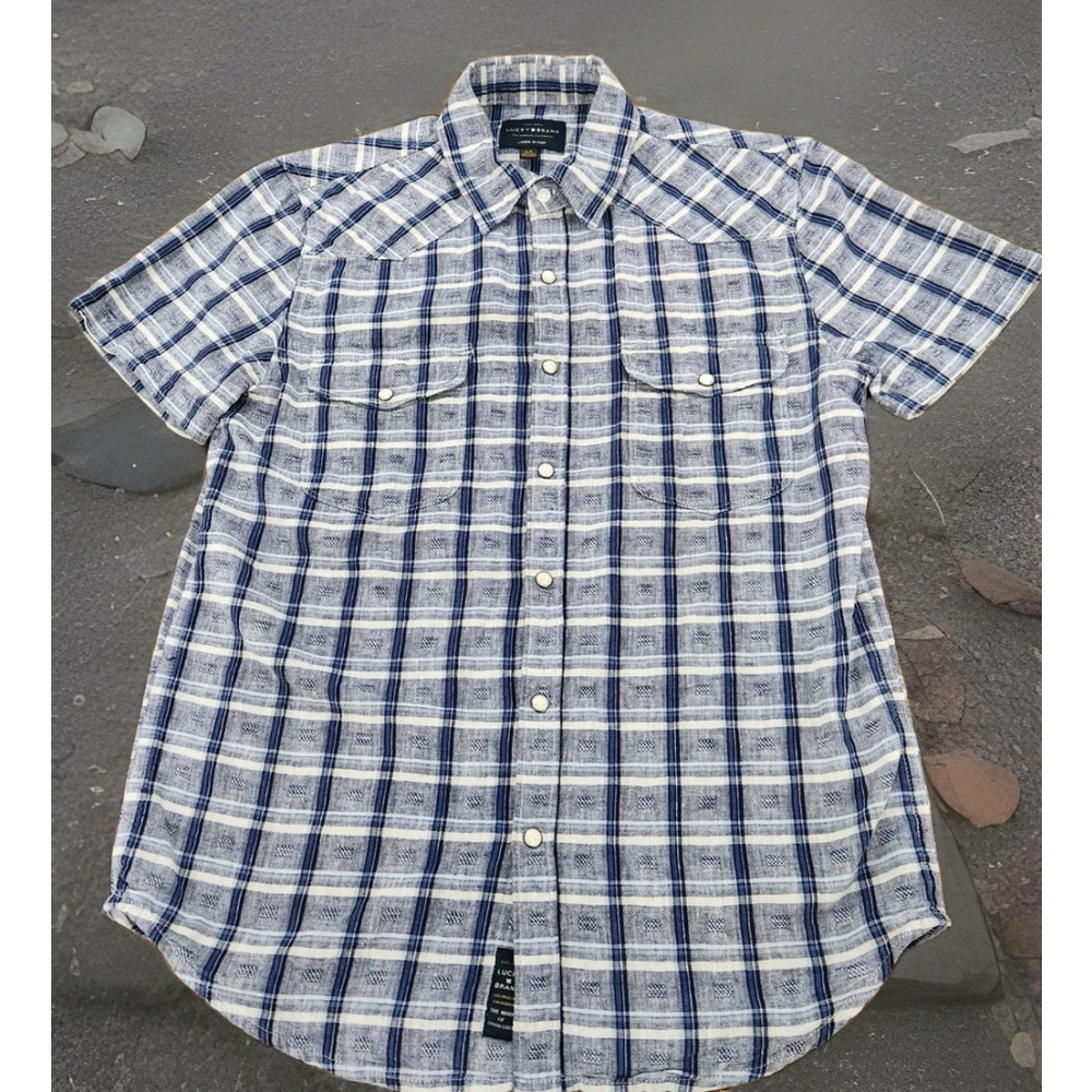 Lucky Brand Mens Linen Blend Pearl Snap Shirt Small Plaid Short Sleeves Pockets